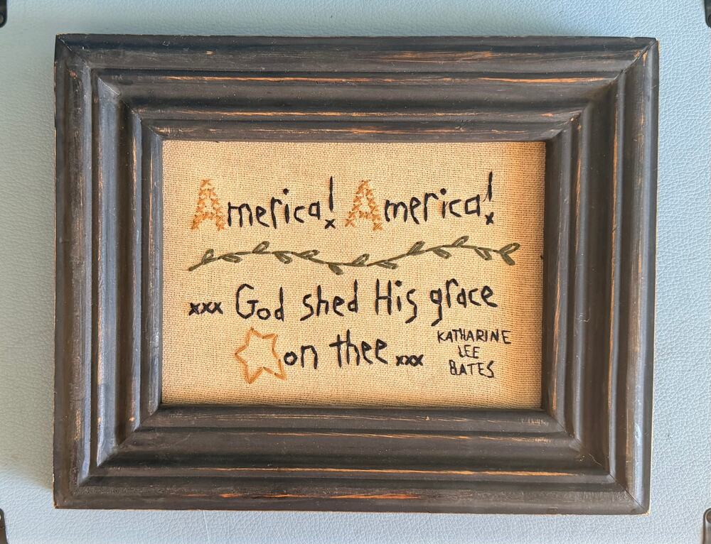 Vintage America Beautiful Burlap Sampler Framed Hand Stitched Patriotic Art